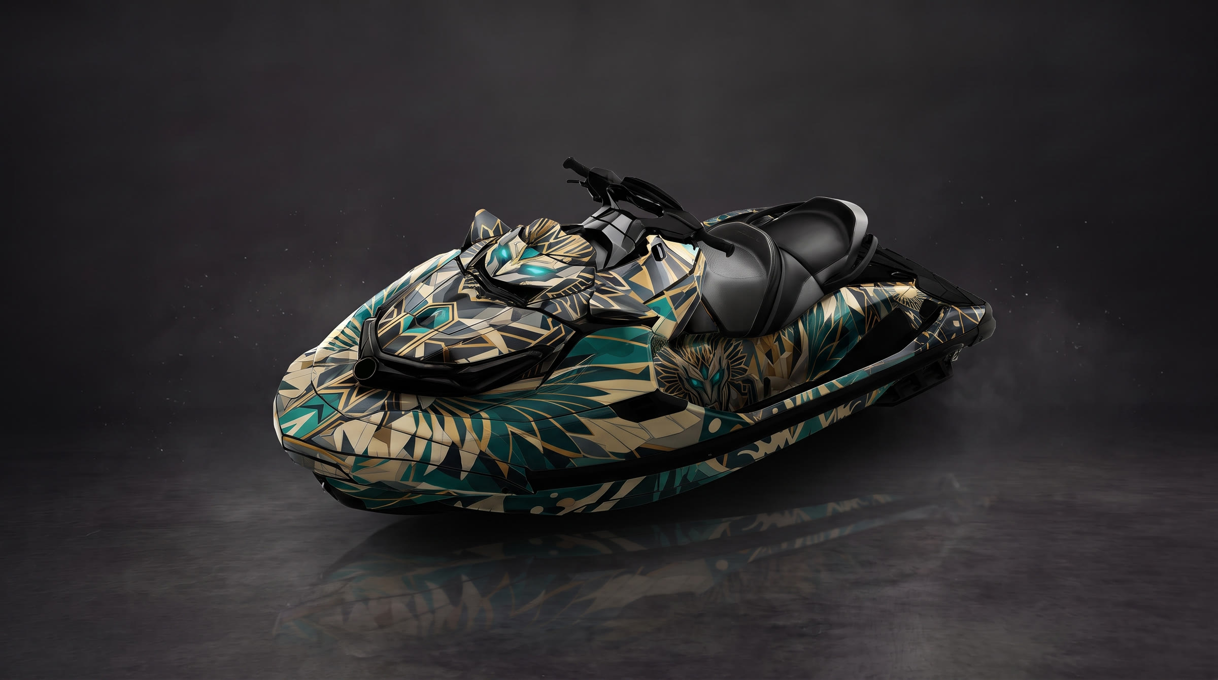 A personal watercraft with a Wraplook wrap - teal and gold graphic with animal motif, studio shot.